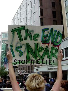 The serious message on the other side of the sign said, "The end is near, stop the lie!"