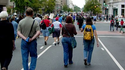 The ANSWER/UFPJ march was definitely more laid-back than the Mobilization for Global Justice march, and the later black bloc breakaway march.