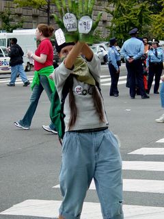 This person, wearing a green bandanna, wears gloves stating that the U.S. in Israel equals 9/11.