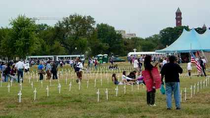 Small wooden crosses in the ground near the Washington Monument represent those who have died in this war.