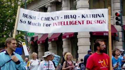 These people put forth four disasters - George Bush, Dick Cheney, the Iraq War, and Hurricane Katrina, as proof that "intelligent design" is a fallacy.