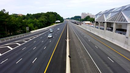 View from the pedestrian bridge over the eastbound lanes of the Dulles Toll Road.