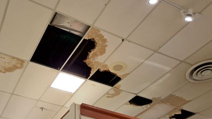 These photos, taken on March 30, 2016, show the poor state of the roof over the JCPenney building from inside.  There were many leaks in the roof, with lots of missing and damaged ceiling tiles bearing this out.