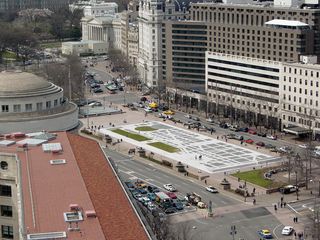 From above, this area definitely looks different. Freedom Plaza looks small and flat. The angle also de-emphasizes the fact that the plaza is raised above street level. It really surprised me how small Freedom Plaza looked, considering that it's nearly right across the street. It was neat to get the whole area in one eyeful, though.