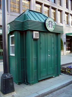 A mobile Starbucks! I believe that I have now officially seen it all. As if it's not enough to have a Starbucks on every corner, we also have a tiny little Starbucks kiosk right on the sidewalk. And this just steps away from a full-size Starbucks, too.