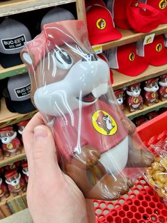 A plastic drink container shaped like the Buc-ee's beaver.