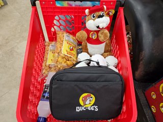 Our haul thus far.  Beverages, Beaver Nuggets, a lunch box, and a stuffed beaver.