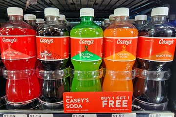 Private label sodas at Casey's, consisting of fruit punch, "Dr. Flavor" (presumably a spicy cherry flavor), "Mountain River" (presumably a citrus flavor), orange, and root beer.