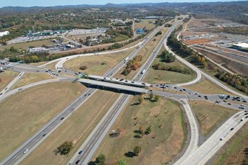 Exit 407 on I-40, a diverging diamond interchange with State Route 66, in Sevierville.