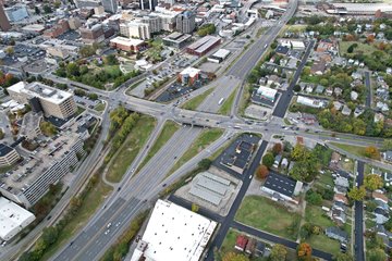 The interchange between I-581/US 220 and Elm Avenue, this time from the air.