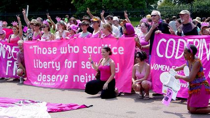 On July 4, Code Pink held a large demonstration in the street in front of the White House. Here, they gave Bush a giant "pink slip", which you can partly see in the bottom photo.