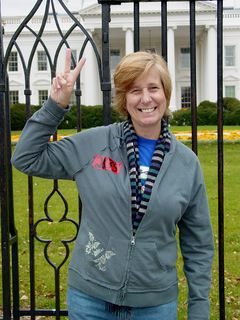 Going through Lafayette Park to Pennsylvania Avenue, I met Cindy Sheehan. Here, she strikes a pose in front of the White House.