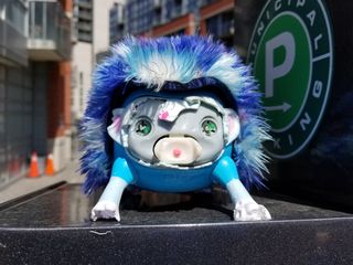 A toy hedgehog on top of a parking meter, with a broken face.  I believe that this is a Zoomer Hedgiez toy.