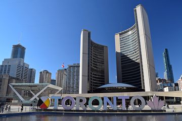 Toronto City Hall, with the big "TORONTO" sign in front.