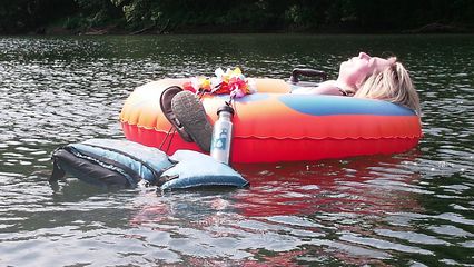 Meanwhile, Renee relaxes in her own way, before getting out of her tube to take a quick swim.