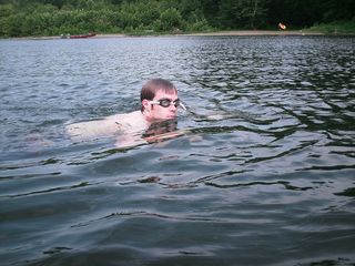 Alex took a moment to swim around and see exactly how deep the river was at this point. It was still fairly deep.