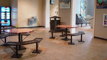 The vending machine area, usually in its own building in other rest areas where it's offered, is located right off the main lobby. It even features indoor seating!