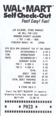 Wal-Mart receipt, Virginia Beach store