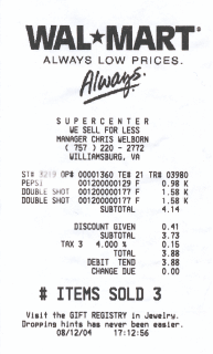 Wal-Mart receipt, Williamsburg