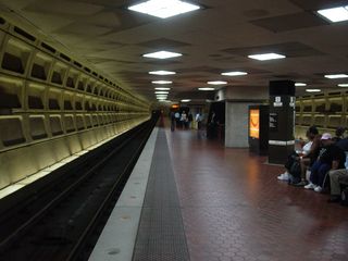 LED lighting underneath the mezzanine at Foggy Bottom-GWU station. It certainly makes for a bright platform!