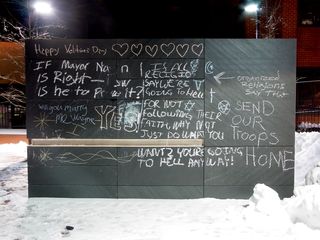 Katie and I got our first glance of Charlottesville's free speech wall, rising out of the snow.