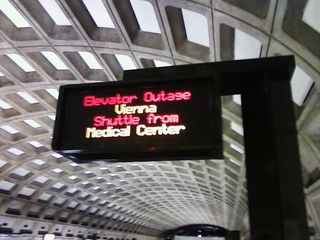 At Judiciary Square station on January 28, I noticed an unusual elevator outage message. In this case, the signage indicated that an elevator was out at Vienna (an Orange Line station), and so people should go to Medical Center (a Red Line station) for shuttle service. That made no sense, considering the distance between the stations, and that West Falls Church is usually the shuttle destination when Vienna's elevator stops working. I believe it's more likely that the elevator was out at Bethesda, which is right next to Medical Center.