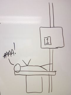 This doodle, at left, is one I did after a coworker agreed with my description of their dentist's office as "the Wal-Mart of dentist's offices". Note the fact that no employee can be found (in typical Wal-Mart form), and the patient is screaming in pain, probably because Wal-Mart would skimp on the anesthesia to keep prices down. I later colored it in and added a proper department sign, to make its Wal-Martness complete.