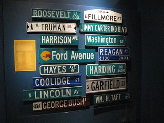 This was an exhibit giving an example of streets named for US presidents. My challenge to myself was to figure out which cities that these signs all came from without looking at the key. The Fillmore Street sign (top right) is definitely Philadelphia due to its distinctive shape. The Garfield Street sign (second from bottom, right) is likely Arlington, Virginia. Can you figure any more out?