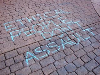 "Ethical people don't assault" was chalked on the sidewalk - an important message, considering how much emphasis Scientology places on ethics.