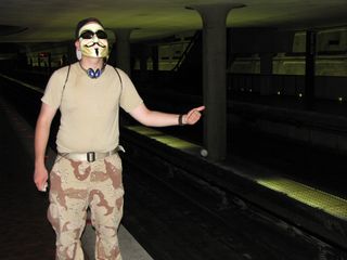 Down in Dupont Circle station, Colimarm pretends to hitchhike from the platform.