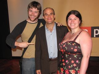 Afterwards, Sis and Chris posed with host Peter Sagal, as did Mom. Then the three of them all posed with Roxanne Roberts. Chris is making his "Stephen Colbert face" with Peter Sagal.