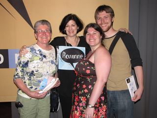 Afterwards, Sis and Chris posed with host Peter Sagal, as did Mom. Then the three of them all posed with Roxanne Roberts. Chris is making his "Stephen Colbert face" with Peter Sagal.