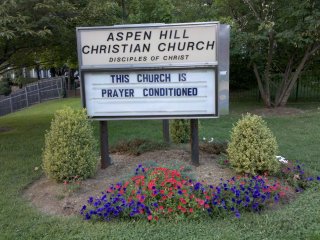 One of the churches near my house displays various messages on its sign that make an attempt at humor while trying to get people to come to church. This was posted in August, and was one of their more clever messages, making light of the extremely hot summer that we had.