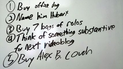 This is a "to-do list" that my coworkers, from time to time, put up on my white board at work. Numbers 1 and 2 are traditionally "Get office dog" and "Name him Hubert", and then the rest vary from time to time. This one was put up right after I posted this Journal entry, which was the first Video Journal entry made in my living room. It was, to put it nicely, a poor entry, but a decent first test of the system. Seeing the video, my coworkers put "Think of something substantive for next videoblog" on there. I agreed that it was kind of light on content, and so the next weekend, I tried again, producing this Video Journal entry. Much improved, I'd say!