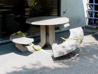 On August 3 (my black-and-white day), I took a rare color photo to show that this particular concrete table had finally deteriorated to the point of being unsafe. A shame, too - that table was a favorite of mine.