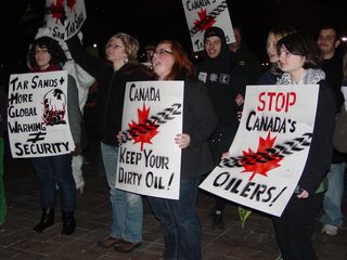 The protest outside the Canadian embassy against oil extraction in the Alberta Tar Sands was fun and spirited. It was very cold on this particular night, but the activists present were a dedicated bunch.