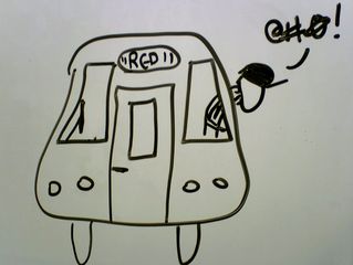 I think I was trying to explain closing the doors to someone at work, and doodled this picture on the whiteboard. What you're seeing is a WMATA employee wearing a safety vest and a hat sticking his head out the cab window of a Breda rehab to close the doors, and cursing the fact that he can't get the doors closed.