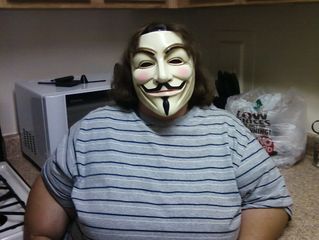 On the first day in town, Katie tried on my Guy Fawkes mask. Looks good!