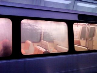 This was the situation that Metro found themselves in with the Breda 4000-Series cars at the end of 2008. The windows were starting to cloud up, making it very difficult to see out of the windows, and distributing sunlight in such a way to make it blindingly bright on the morning commute. This window has a moderate case of clouding - some windows were completely clouded up. Thankfully, these were fixed in early 2009.