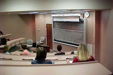 Room G6, photographed in 2000.  This was one of four mid-sized classrooms, with five tiers of seats.