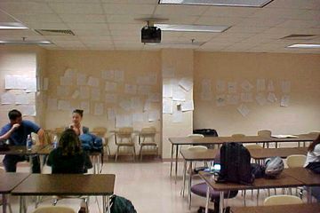 On the second floor, room 202 was painted a tan color, and had a tiled floor.  It had a double chalkboard on the front wall, and a second chalkboard on the side wall.  I took COB 241 (financial accounting) in this room in the fall of 2000, and GECO 200 (introductory macroeconomics) in the spring of 2001.