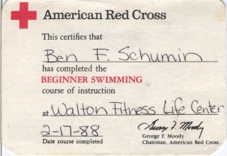 Later that same month, I completed the American Red Cross's beginner swimming course. That was a very valuable course for me. I am quite comfortable in the water, and have no fear of it.