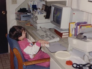 Sis uses our then-new computer, an IBM PS/2, in 1989.