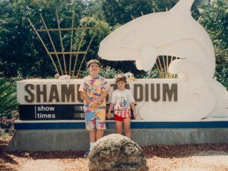 Sis and I stand outside Shamu Stadium at Sea World in Orlando.