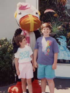 In August 1991, we went on vacation to southern California. Here, we're in San Diego, at Sea World. I personally thought that the Sea World in San Diego wasn't as nice as the Sea World in Orlando, but regardless, here we are in front of some costumed critter...