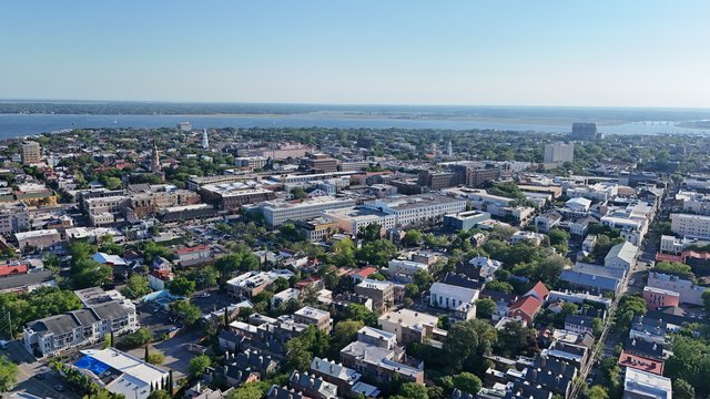 Overview of Charleston from above the intersection of Washington and Society Streets.