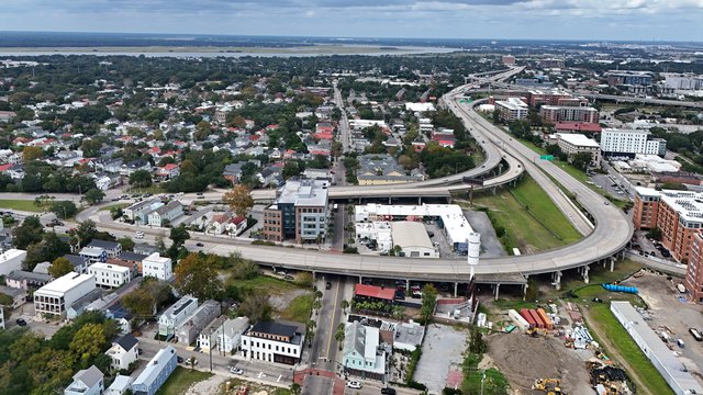 Elevated highway ramps forming the eastern terminus of Interstate 26.