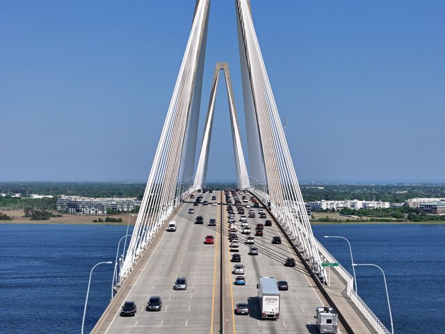 Traffic crosses the Arthur Ravenel Jr. Bridge.  View facing eastbound.