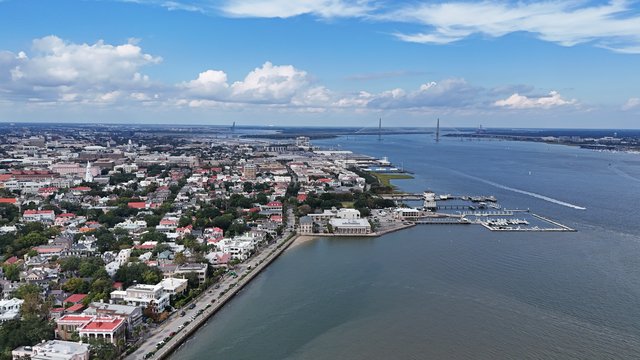 Aerial view of downtown Charleston, showing the Battery.