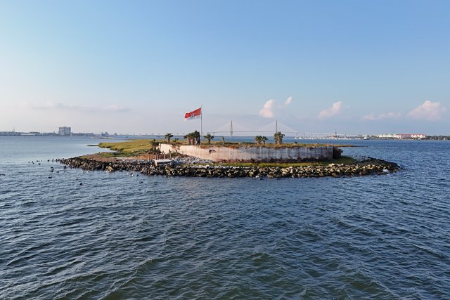Castle Pinckney, a small masonry fortification constructed in 1810 by the federal government at the south end of Shute’s Folly Island.